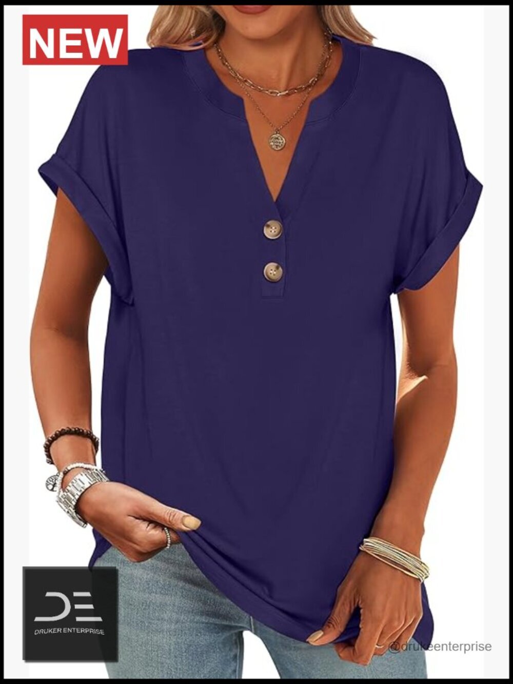 Short Sleeve Henley V-Neck Blouse Casual Loose Fit Tunic Tee Shirt